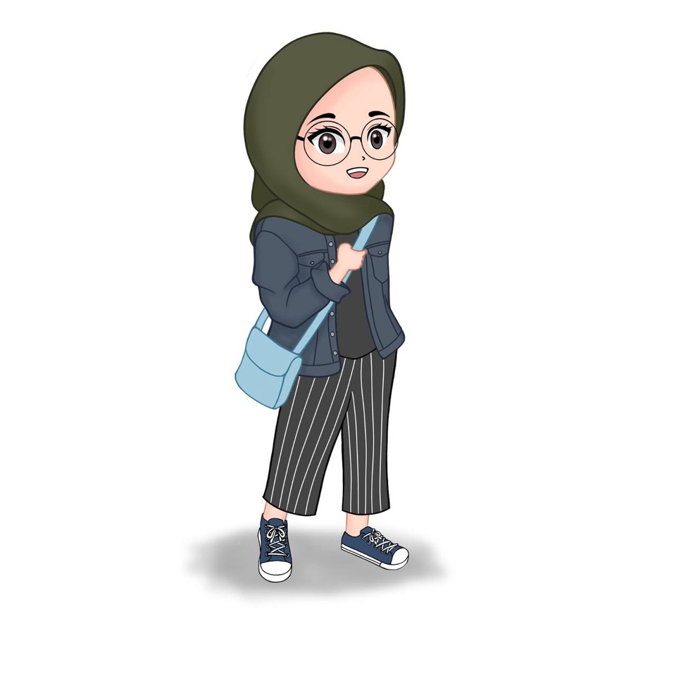 Ilustrasi wanita hijab memakai baju denim sedang berjalan membawa tas