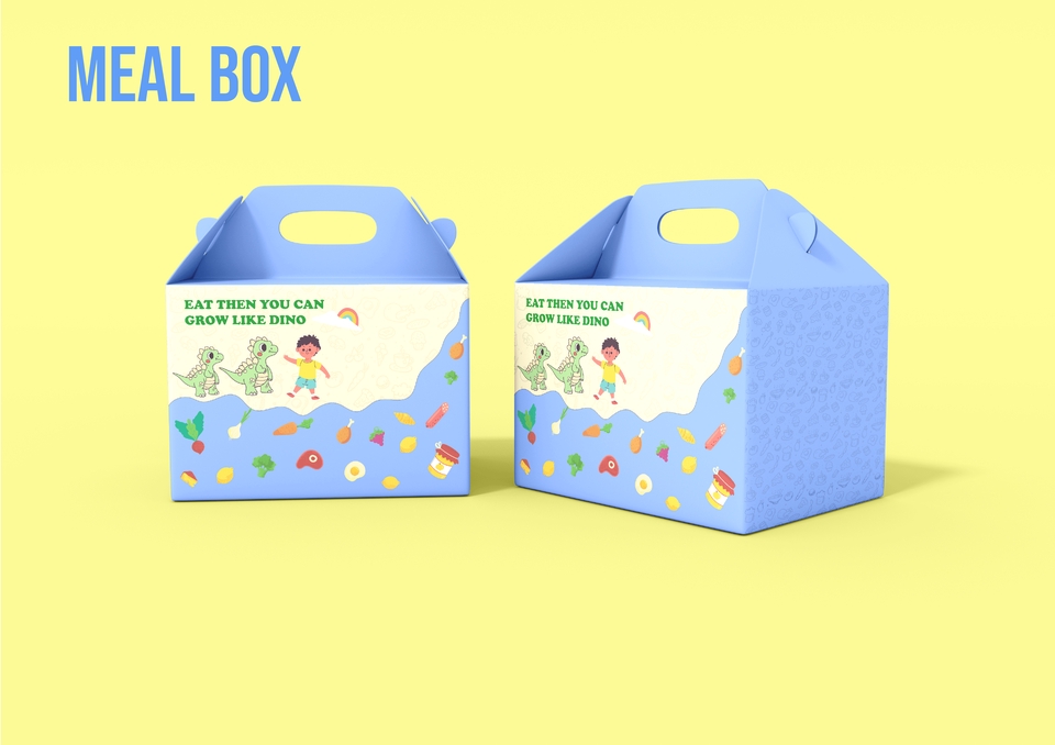Desain kotak kemasan makanan unik dengan tema dinosaurus, cocok untuk produk makanan anak.