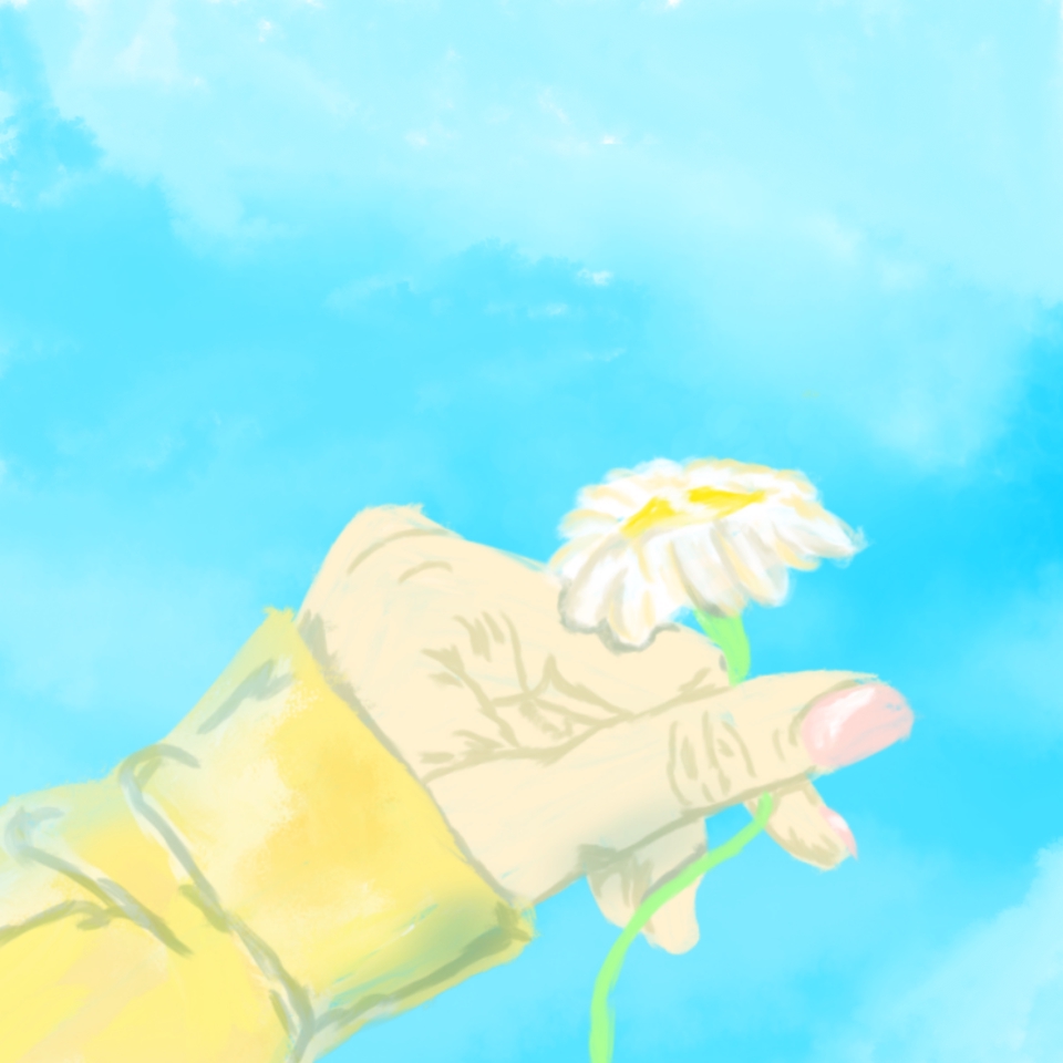 Ilustrasi tangan memegang bunga daisy putih dengan latar belakang langit biru