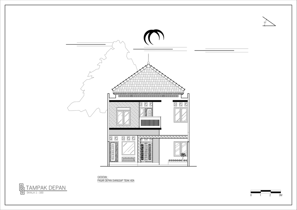 Jasa drafter autocad murah untuk desain rumah minimalis modern. Gambar denah tampak depan rumah dengan detail pintu, jendela, dan atap.