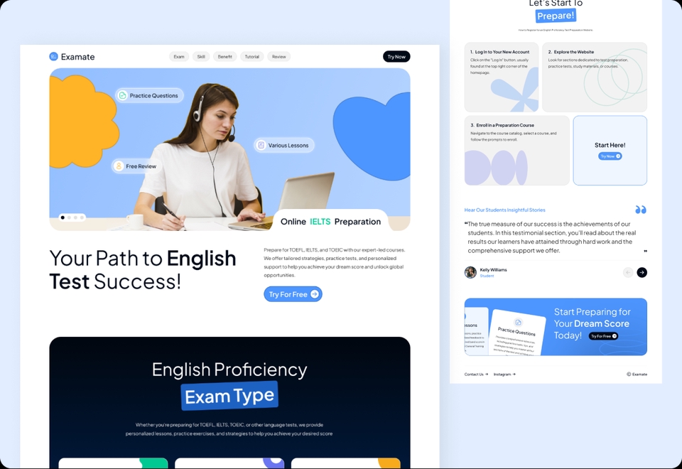 Desain UI UX untuk situs web platform pembelajaran bahasa Inggris dengan mockup website dan aplikasi mobile yang menampilkan fitur-fitur belajar.