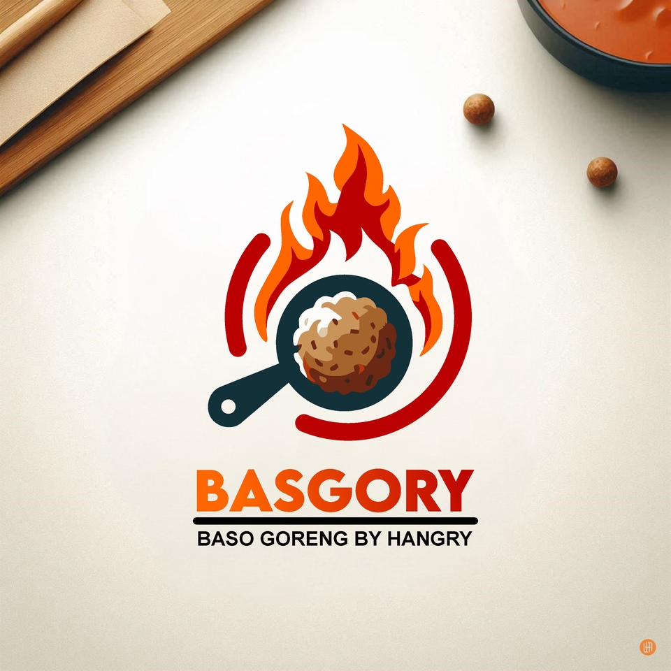 Desain logo Basgory Baso Goreng: Logo restoran makanan Indonesia, jasa desain logo online murah