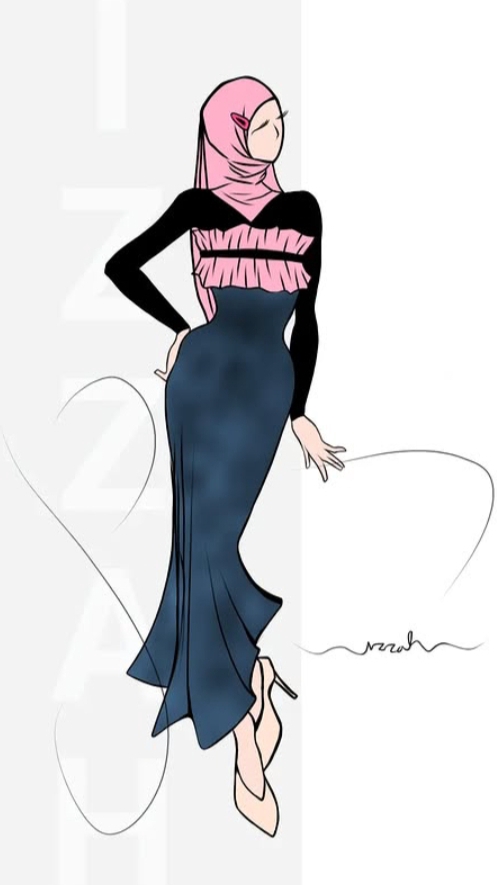 Desain baju muslimah modern dengan hijab pink dan rok panjang biru tua.