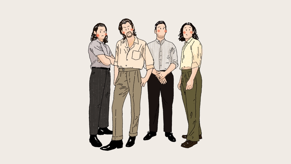 Ilustrasi grup band dengan empat orang pria, jasa ilustrasi digital untuk band, desain ilustrasi musik