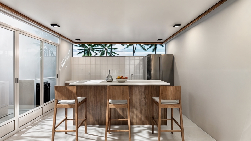 Jasa desain interior minimalis dengan kitchen set modern untuk rumah di Indonesia.