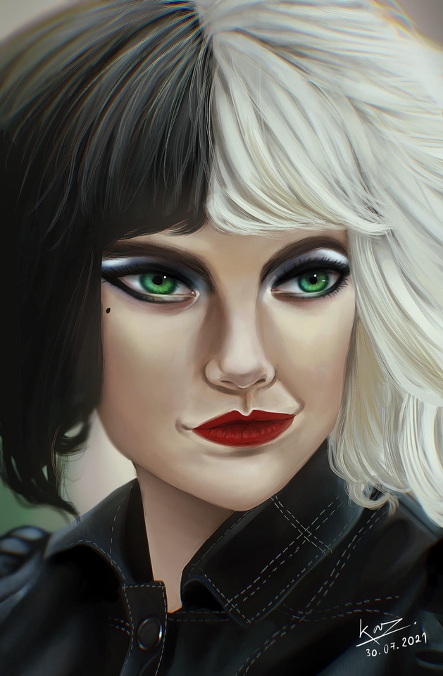 รับวาดภาพเหมือนสไตล์การ์ตูน ผู้หญิงผมดำและขาว ผิวขาว ตาเขียว ปากแดง