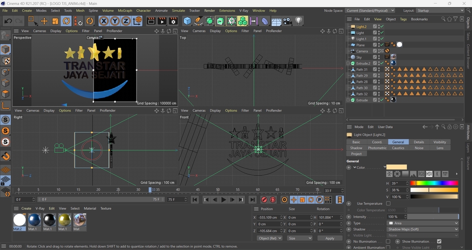 Jasa pembuatan animasi 3d dengan desain logo Trans Star Jaya di Blender.