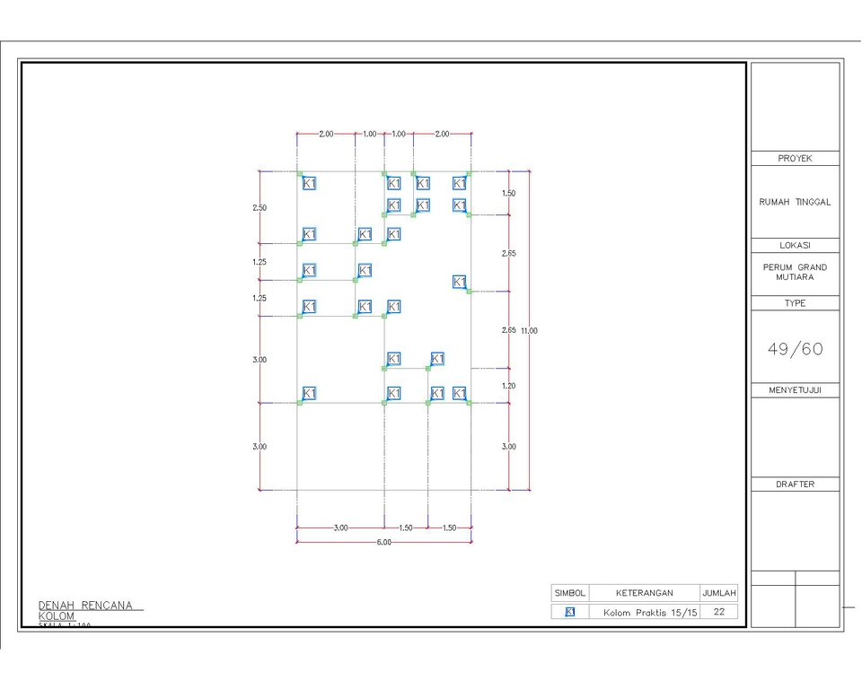 Jasa drafter autocad murah untuk desain rumah dengan 22 kolom, drafter freelance interior