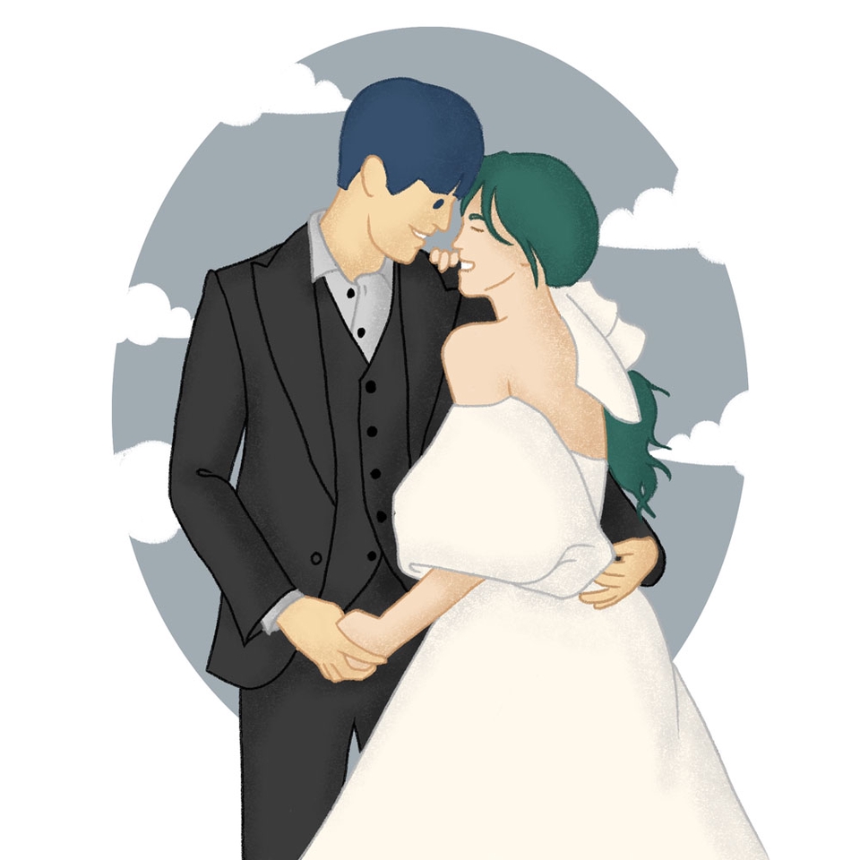 Jasa pembuatan karikatur pengantin, desain vektor wajah, lukisan wajah hitam putih, gambar karikatur kartun.