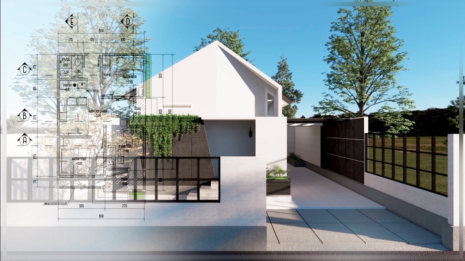 Jasa desain 3D eksterior rumah minimalis modern dengan desain taman dan pagar