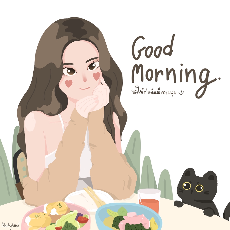 รับวาดภาพประกอบ สไตล์น่ารัก ผู้หญิงทานอาหารเช้า กับแมวน่ารัก