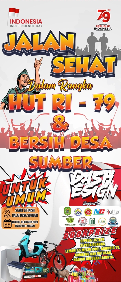 Jasa desain banner instagram untuk mempromosikan kegiatan Jalan Sehat di HUT RI 79 dengan tema Bersih Desa Sumber. Desain banner menggunakan tema merah putih dan menampilkan logo sponsor.