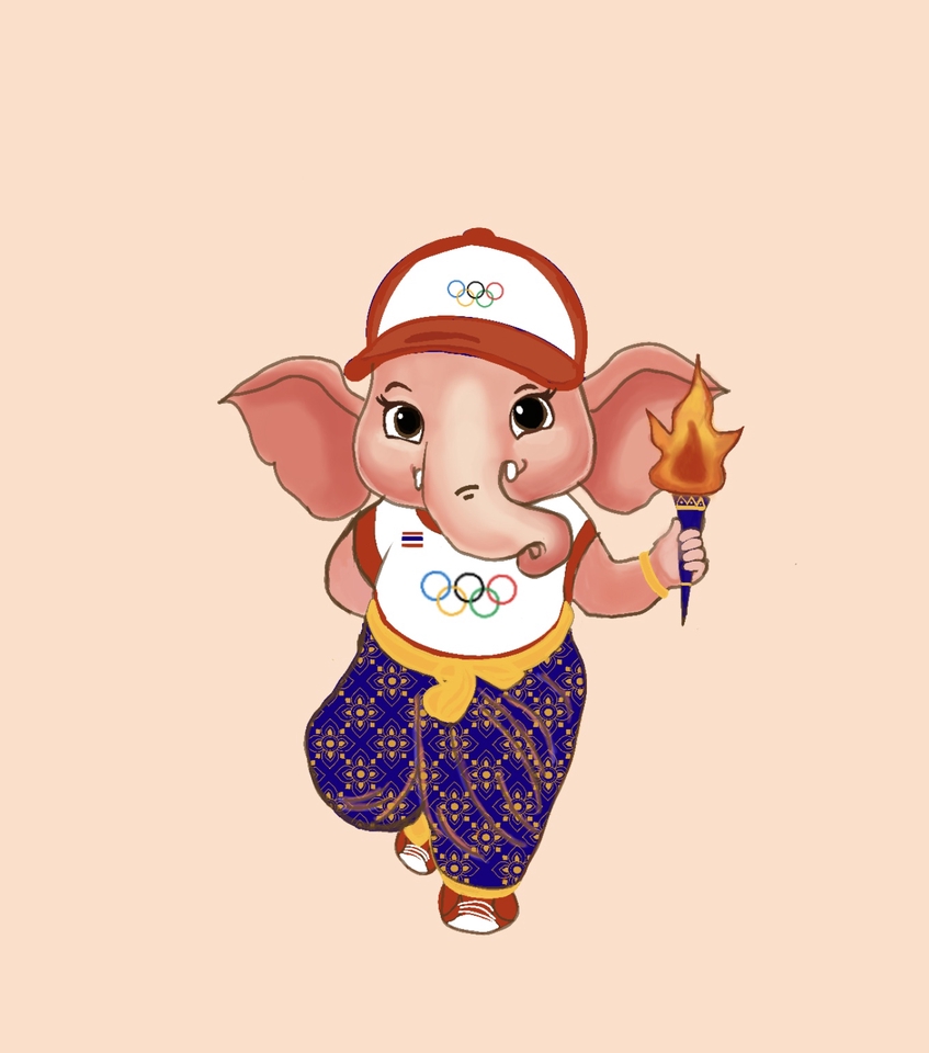 ออกแบบตัวการ์ตูน ช้างน้อยน่ารัก สไตล์ญี่ปุ่น ใส่ชุดกีฬาโอลิมปิกถือคบเพลิง