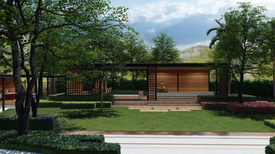 ออกแบบสวนสวย สไตล์โมเดิร์น มีศาลานั่งเล่น