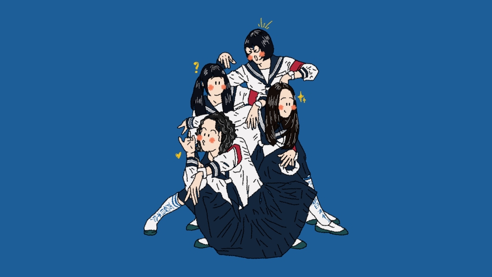 Ilustrasi kartun lucu empat orang wanita berpakaian seragam sekolah dengan gaya anime