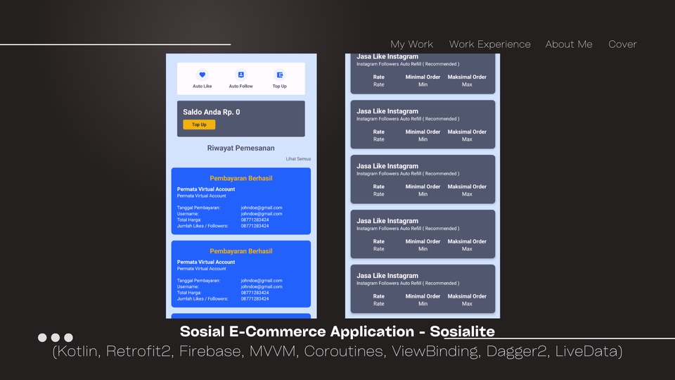 Jasa pembuatan aplikasi android - Sosialite:  aplikasi marketplace  ecommerce android dengan desain user interface modern,  menggunakan Kotlin, Retrofit, Firebase, MVVM, Coroutines, ViewBinding, Dagger2 dan LiveData.