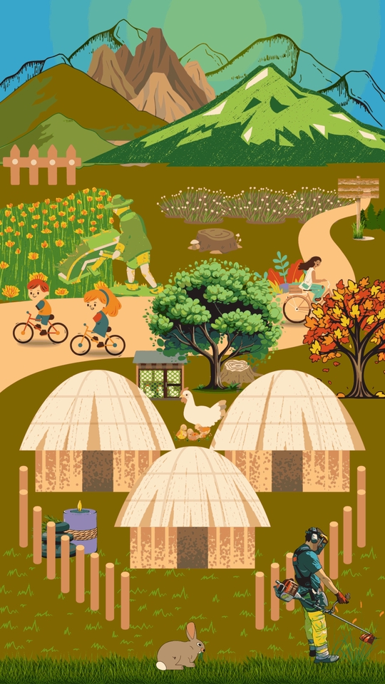 Ilustrasi pemandangan gunung dan pedesaan dengan berbagai kegiatan seperti bersepeda, merawat kebun, dan bersantai, cocok untuk jasa ilustrasi, gambar kartun, atau ilustrasi digital.