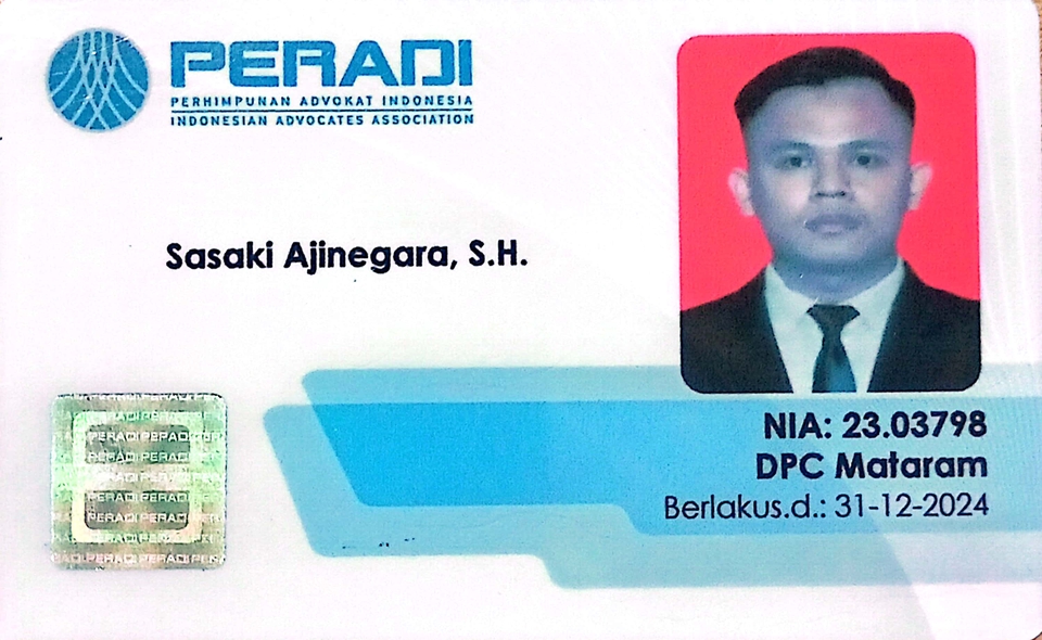 Kartu identitas advokat Sasak Ajinegara, S.H., NIA 23.03798 DPC Mataram, berlaku hingga 31 Desember 2024. jasa konsultan keuangan freelance konsultan keuangan jasa konsultasi keuangan konsultan manajemen keuangan