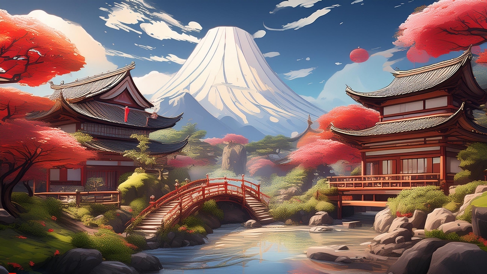 Jasa ilustrasi gunung dan bangunan tradisional Jepang dengan sungai dan jembatan merah, cocok untuk desain latar belakang.