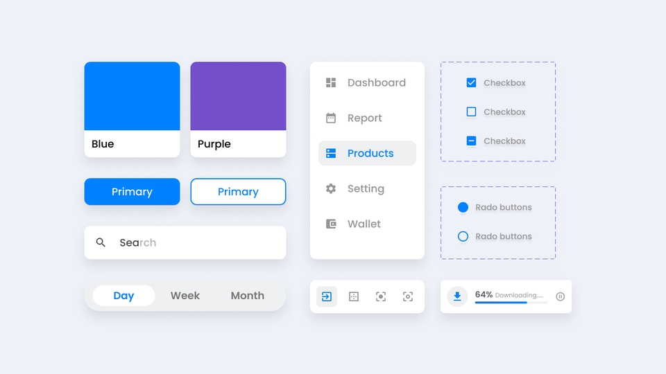 Contoh desain UI UX untuk website dengan tombol, input search, checkbox, radio button, dan progress bar.  Desain UI UX website, desain user interface user experience.  Contoh UI UX untuk website desain aplikasi.