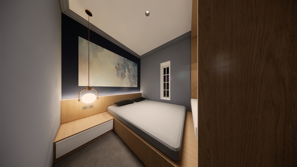 Desain interior kamar tidur minimalis dengan lampu gantung dan lukisan abstrak di dinding, jasa desain interior rumah, jasa arsitek rumah, desain rumah minimalis.