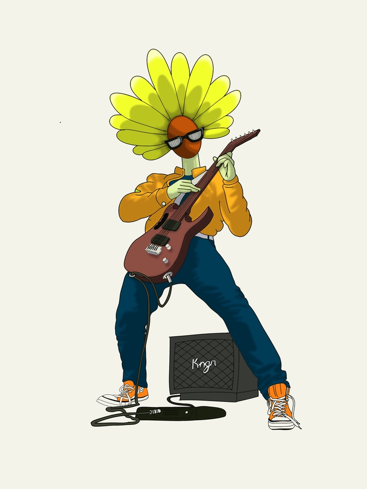 Jasa ilustrasi digital gitaris bunga matahari keren unik desain grafis ilustrasi karakter