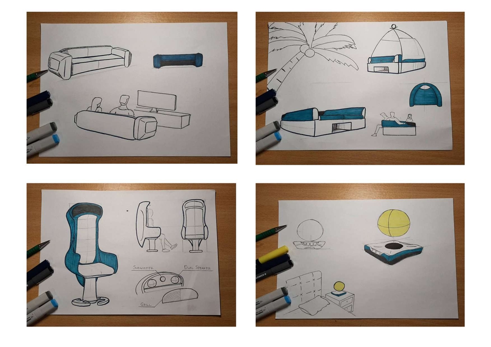 Jasa ilustrasi gambar furnitur kursi sofa kasur dan tempat tidur dengan warna biru dan desain minimalis