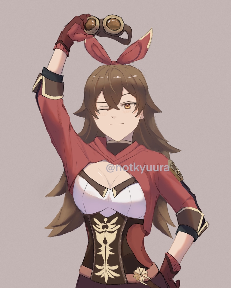 Ilustrasi seorang gadis dengan rambut coklat dan pakaian merah sedang memegang kacamata pelindung, ilustrasi karakter anime, ilustrasi digital, jasa ilustrasi, gambar ilustrasi, desain ilustrasi, jasa illustrator.