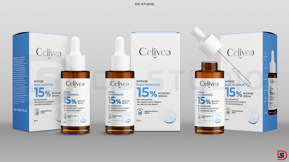 รับทำโมเดล 3d packshot สินค้า เครื่องสำอาง เซรั่ม บูสเตอร์ ผิว 15% C-eliva