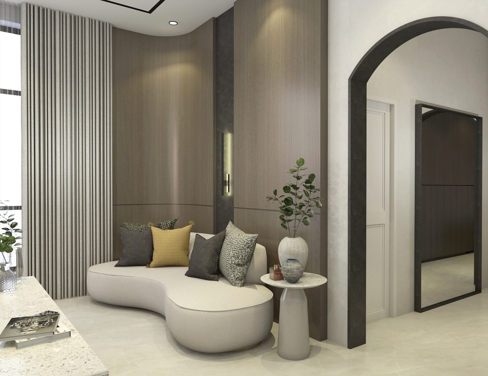 Desain interior ruang tamu minimalis dengan sofa putih dan kursi kayu di rumah modern