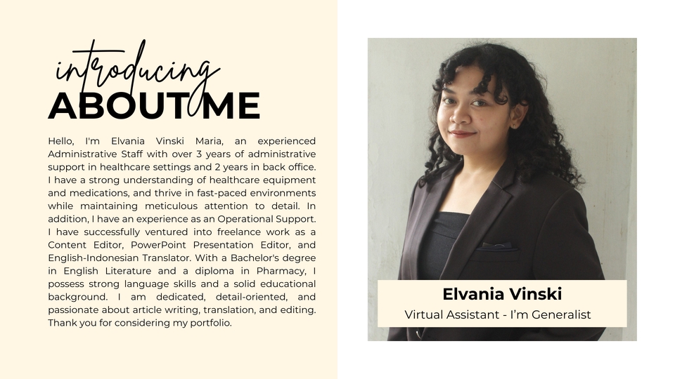 Jasa virtual assistant Elvania Vinski, freelancer profesional di bidang administrasi dan sekretaris.