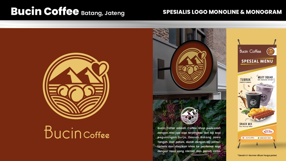 Desain logo coffee shop modern dan minimalis dengan konsep gunung dan kopi