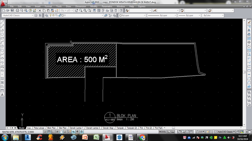 Jasa drafter autocad murah, pembuatan denah rumah dengan area 500 meter persegi.