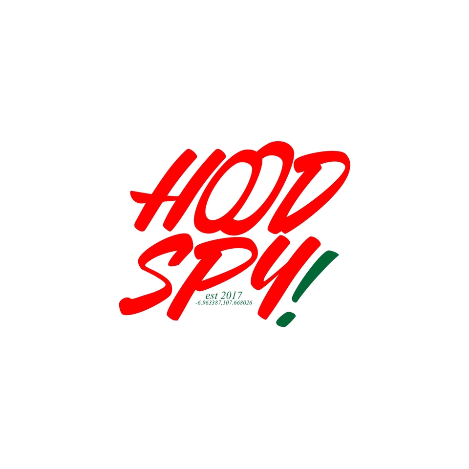 Ilustrasi logo "Hood Spy" dengan font merah dan hijau untuk desain grafis dan branding.