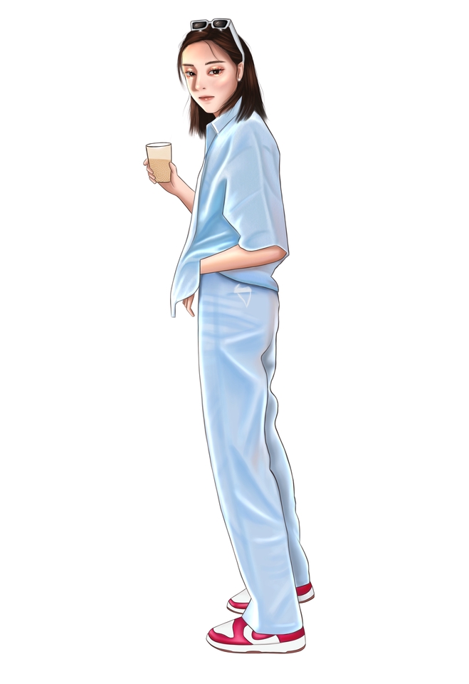 รับวาดภาพเหมือน การ์ตูน สไตล์น่ารัก ผู้หญิง ถือแก้วน้ำ