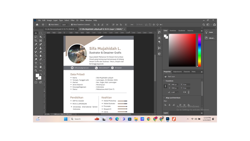 Desain portofolio freelance illustrator dan desainer grafis untuk memperkenalkan jasa desain CV dan resume