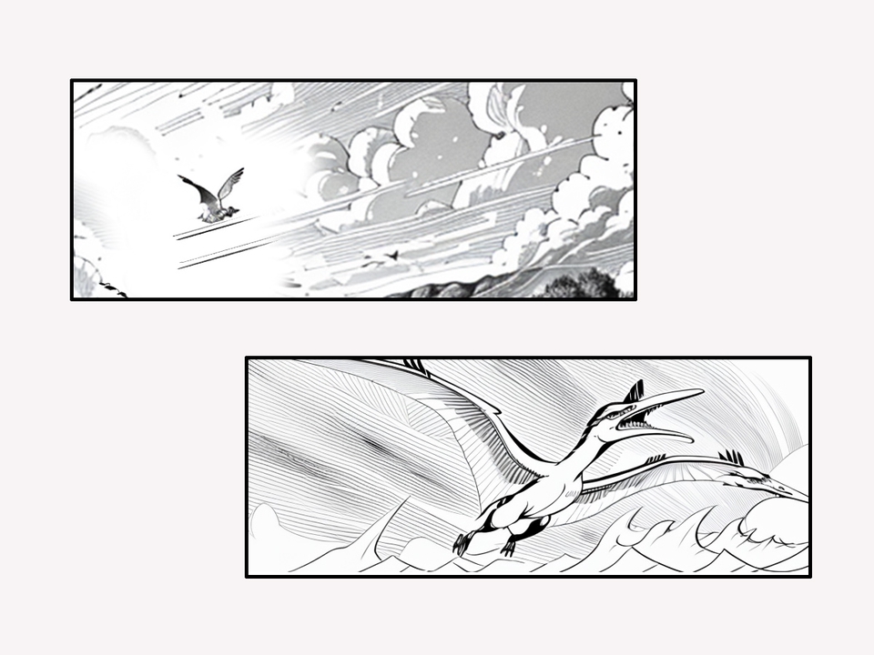 สตอรี่บอร์ดหนังสั้น แสดงฉากนกโบยบินเหนือท้องฟ้า