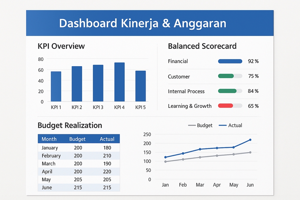 Dashboard kinerja dan anggaran dengan analisis deskriptif statistik, jasa olah data, jasa olah data spss, jasa pembuatan dashboard excel