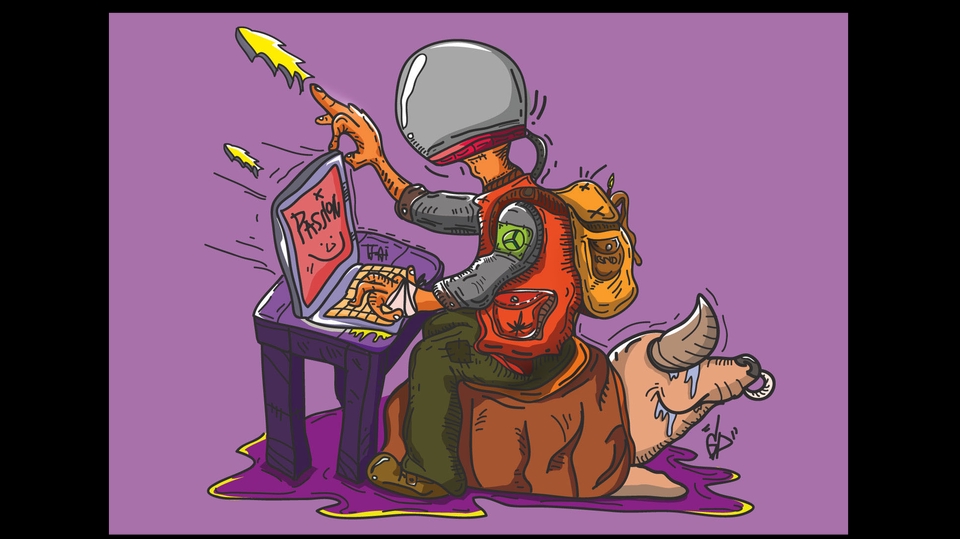 รับวาดรูปภาพประกอบ สไตล์ digital painting ชายใส่หมวกอวกาศกำลังใช้โน๊ตบุ๊ค