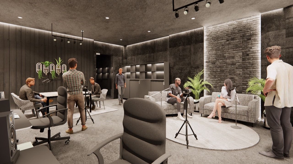 Jasa desain interior studio podcast minimalis, desain interior studio rekaman musik, desain ruang podcast sederhana, desain studio podcast modern, desain interior studio musik profesional.