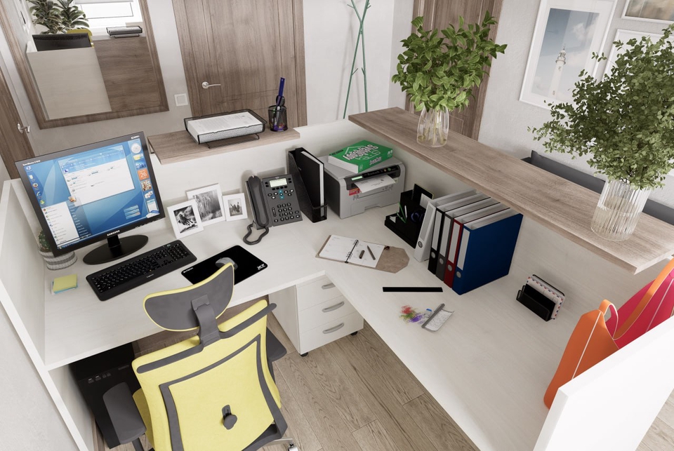 Jasa desain interior kantor minimalis dengan meja kerja, komputer, dan kursi ergonomis.