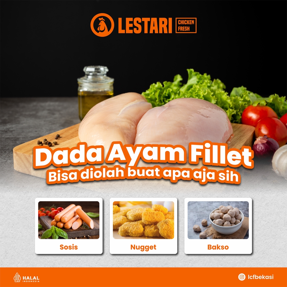 Desain banner promosi instagram Lestari: Dada ayam fillet, sosis, nugget, bakso. Jasa desain banner online, buat banner instagram.