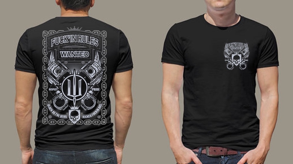 Desain kaos distro keren dengan desain motif motor dan tulisan "Fuckin Rules Wanted" cocok untuk kaos pria.