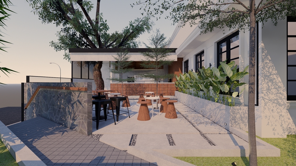 Jasa desain exterior 3d untuk cafe minimalis dengan taman hijau dan furniture kayu.