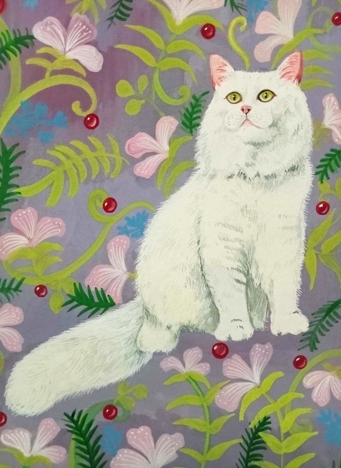 รับวาดภาพเหมือน น้องแมวขาวน่ารัก ในสวนดอกไม้สีชมพู