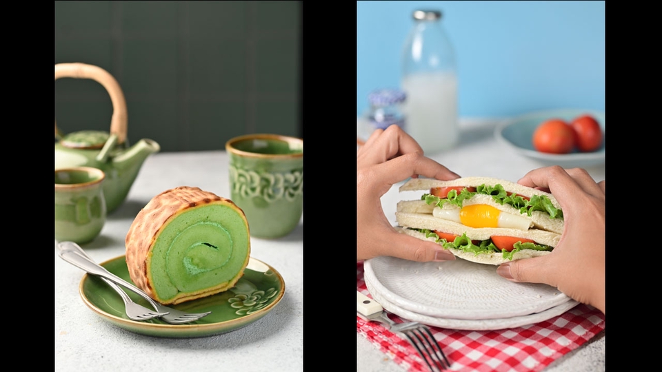 Jasa foto produk makanan dengan background putih dan kue gulung hijau