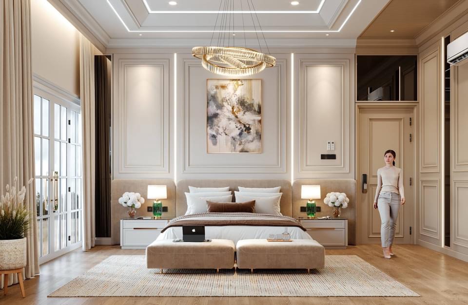Desain ruang tamu modern minimalis dengan sofa bed dan televisi, cocok untuk rumah mungil.