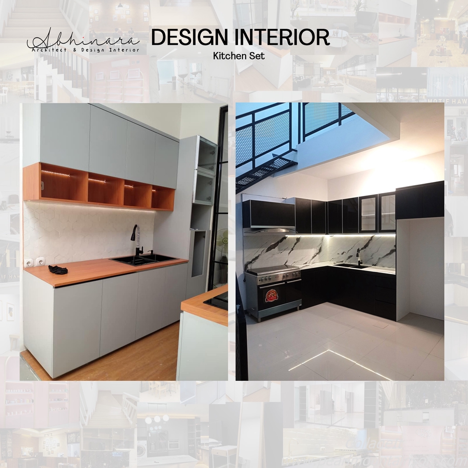 Desain interior dapur minimalis modern dengan kabinet putih dan countertop kayu, cocok untuk rumah atau apartemen kecil. Jasa desain interior dan arsitektur profesional.
