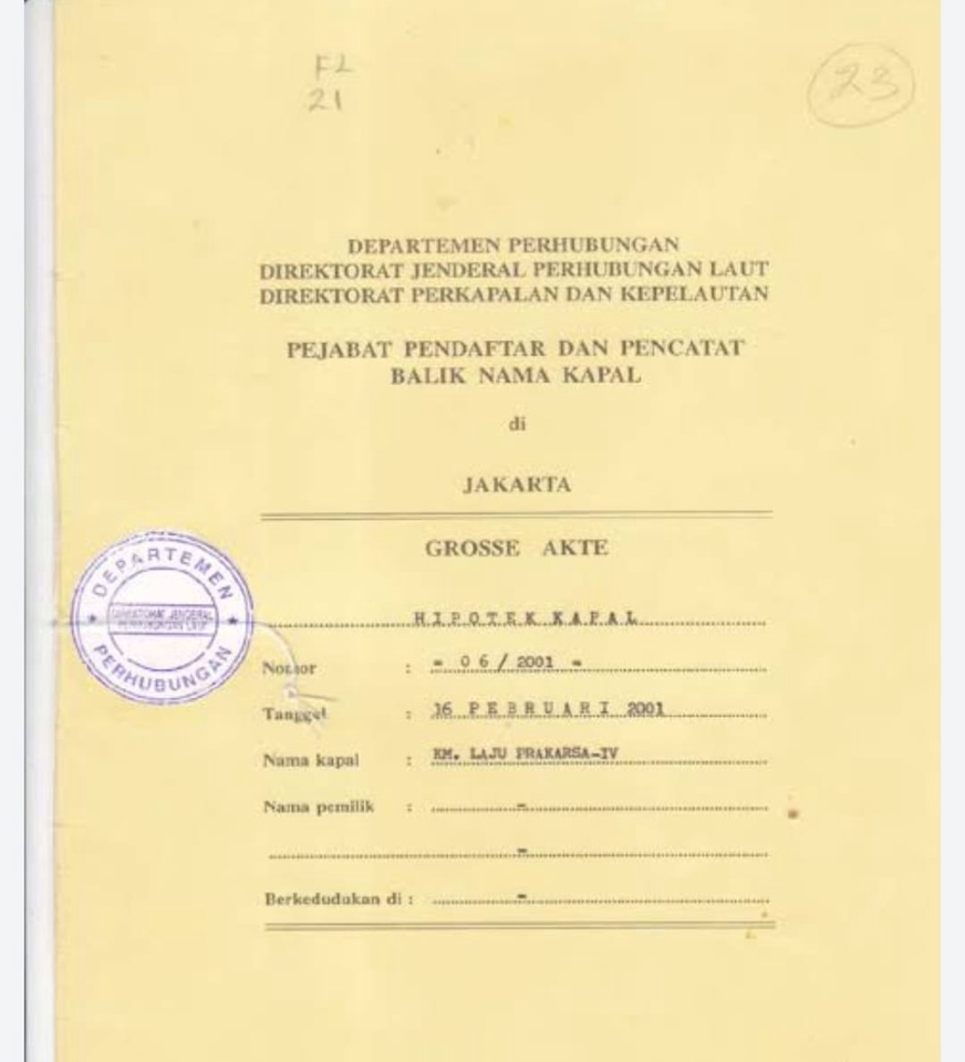 Surat grosse Akte kapal dari Departemen Perhubungan Jakarta. Jasa Legal Review Kontrak, jasa pengacara, konsultan hukum, hukum freelance