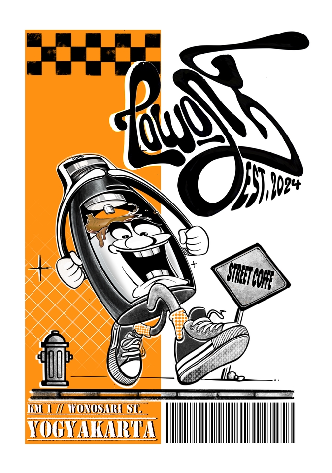 Jasa ilustrasi digital, gambar kartun kopi jalanan Loungee Yogyakarta, desain grafis unik.